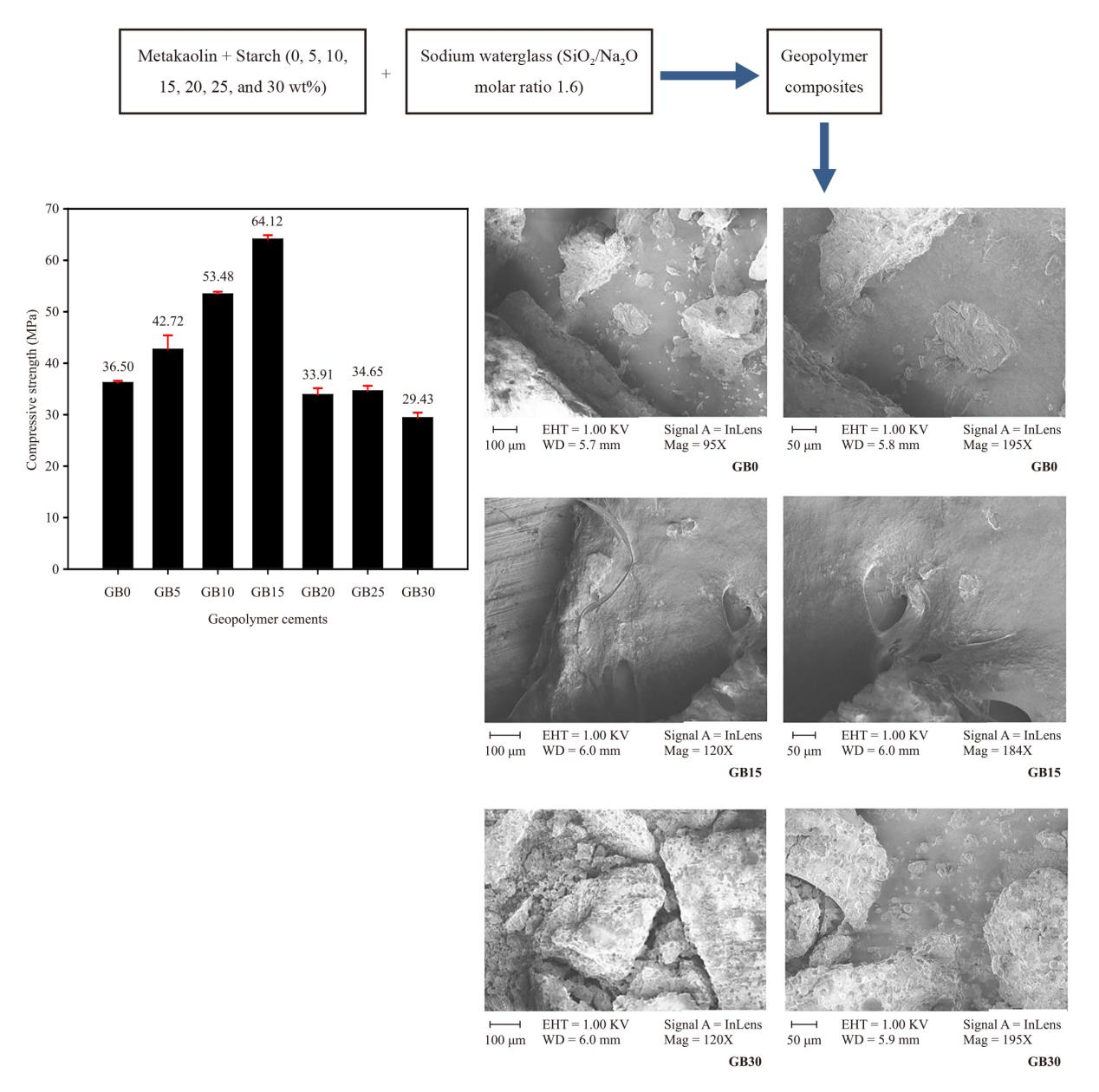Influence of Starch Powder on Compressive Strength and Microstructural Properties of Geopolymer Composite Materials Based on Metakaolin